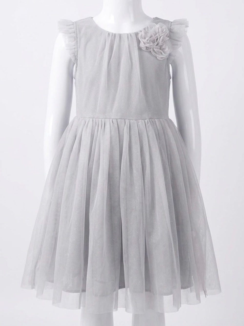H&M Girls Light Grey Shimmer Tulle Dress with Flower Accent 6/7